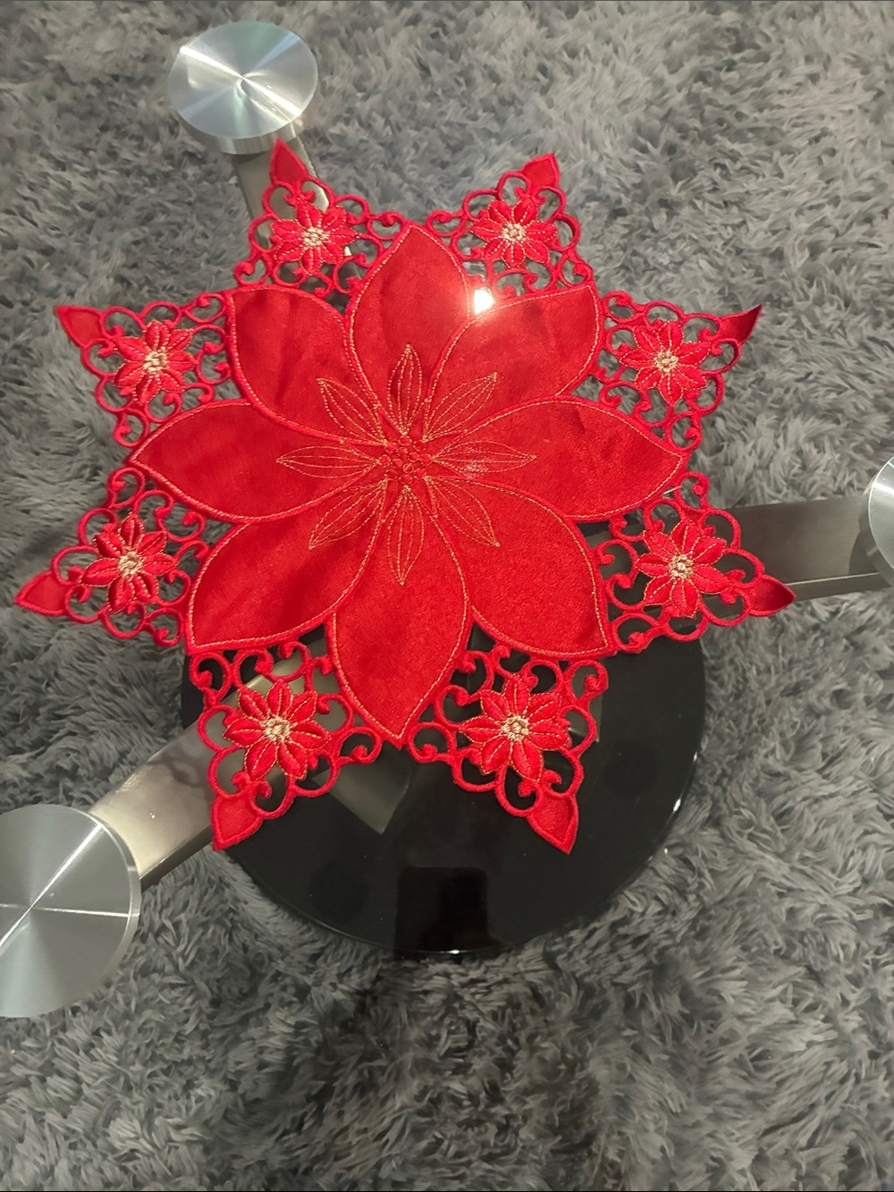 Red Embroidered Poinsettia Cutwork Doily | Christmas Table Topper Holiday Decor